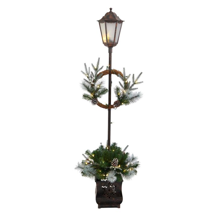 Nearly Natural 5-ft Holiday Pre-lit Decorated Lamp Post with Artificial Christmas Greenery, Decorative Container and 50 LED Lights Indoor Outdoor Patio Porch Decor