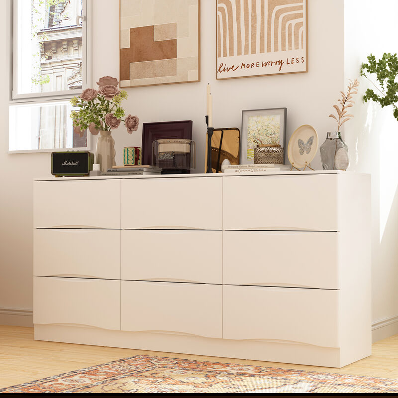 FUFU&GAGA 63" White 9-Drawer Dresser, Modern P2 MDF Construction with Silent Drawer Tracks, Rounded Corners and Anti-Tip Design (63" W x 31.5" H x 15.6" D), Pure White Finish