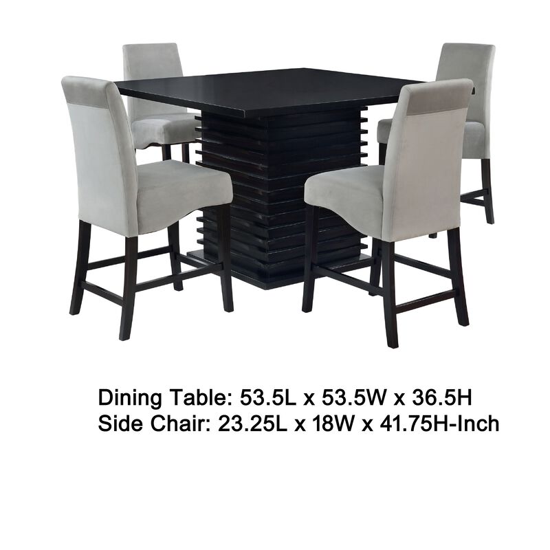 Tela 5pc Counter Height Dining Set, Black Wood Table, 4 Gray Chairs - Benzara