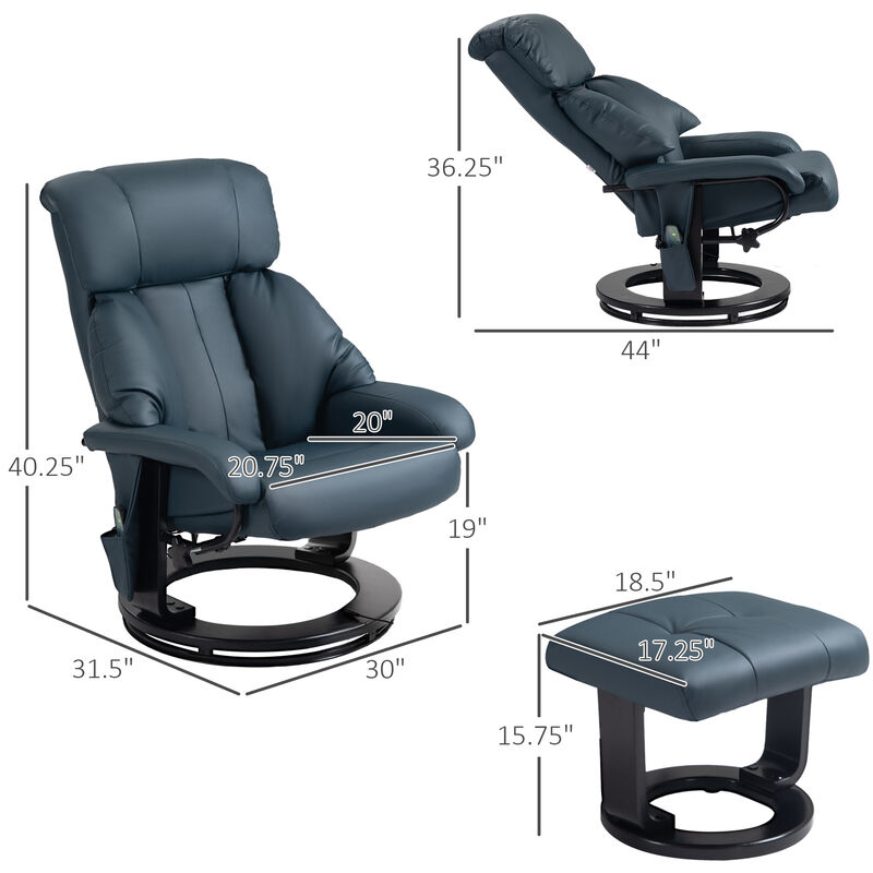 HOMCOM Massage Recliner Chair with Ottoman, 360° Swivel Recliner and Footstool, PU Leather Reclining Chair with Side Pocket and Remote Control, Blue