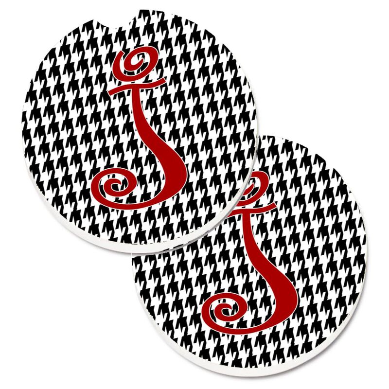 Caroline's Treasures Monogram Initial J Houndstooth black Set of 2 Cup Holder Car Coasters CJ1035-JCARC, 2.56, Multicolor