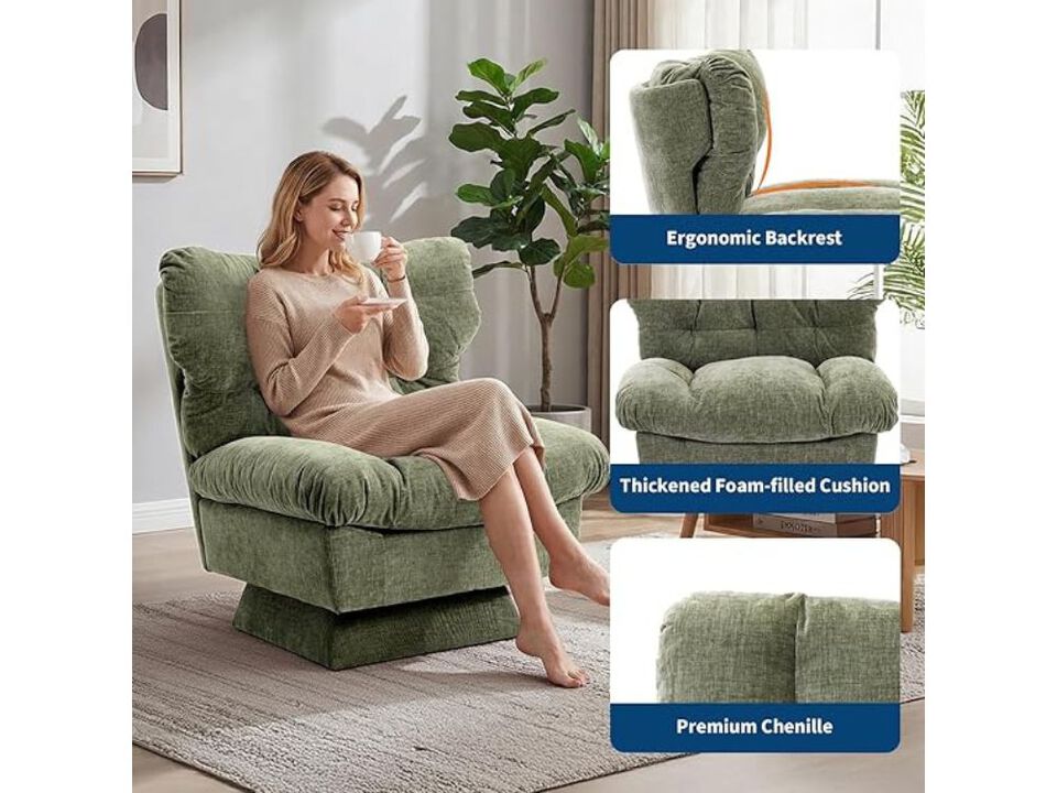 Accent Chair &ndash; Blue Chenille 360&deg; Swivel Armchair with Oversize Base & Cushion