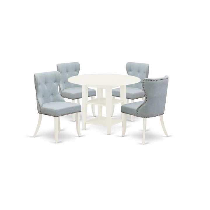 East West Furniture East-West Furniture SUSI5-LWH-15 - A dinette set of 4 wonderful parson dining chairs with Linen Fabric Baby Blue color and a stunning wood kitchen table with Linen White color