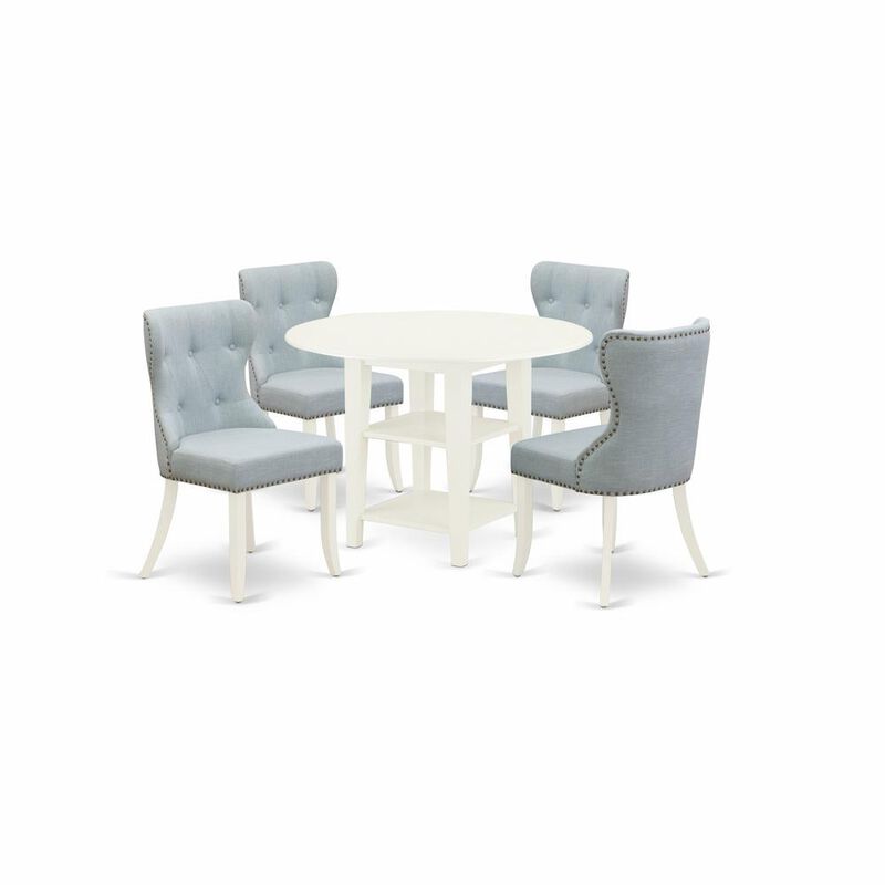 East West Furniture East-West Furniture SUSI5-LWH-15 - A dinette set of 4 wonderful parson dining chairs with Linen Fabric Baby Blue color and a stunning wood kitchen table with Linen White color