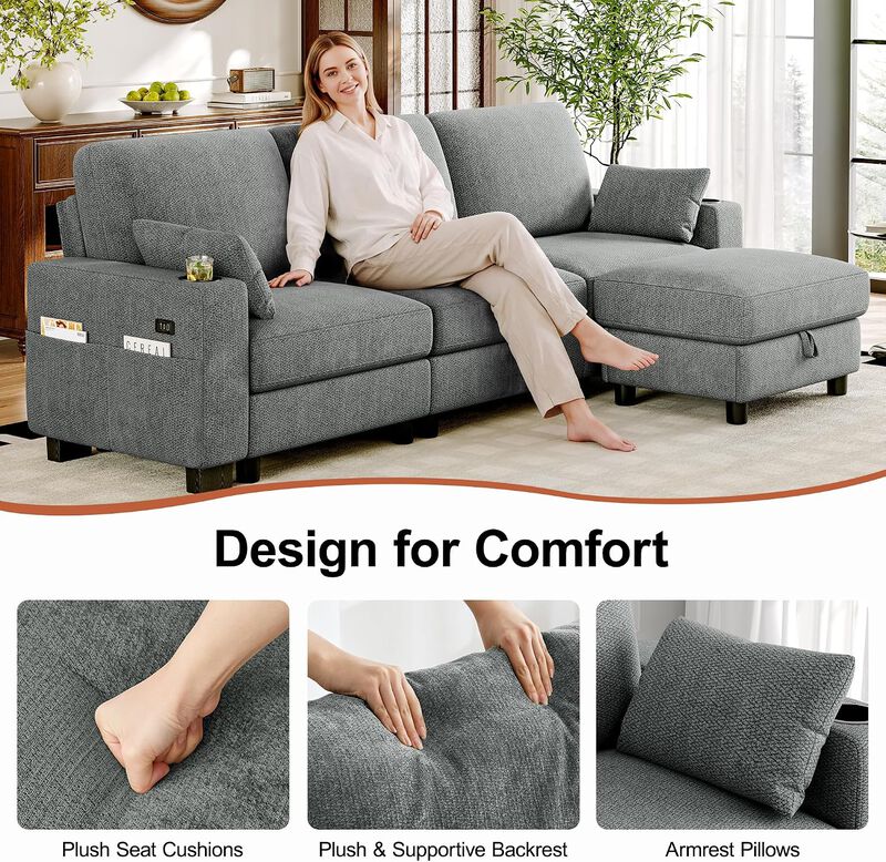 Vipbear 100 Inch Modular Sectional Sofa, Soft Chenille L Shaped Couch with Moveable Storage Ottoman image number 2