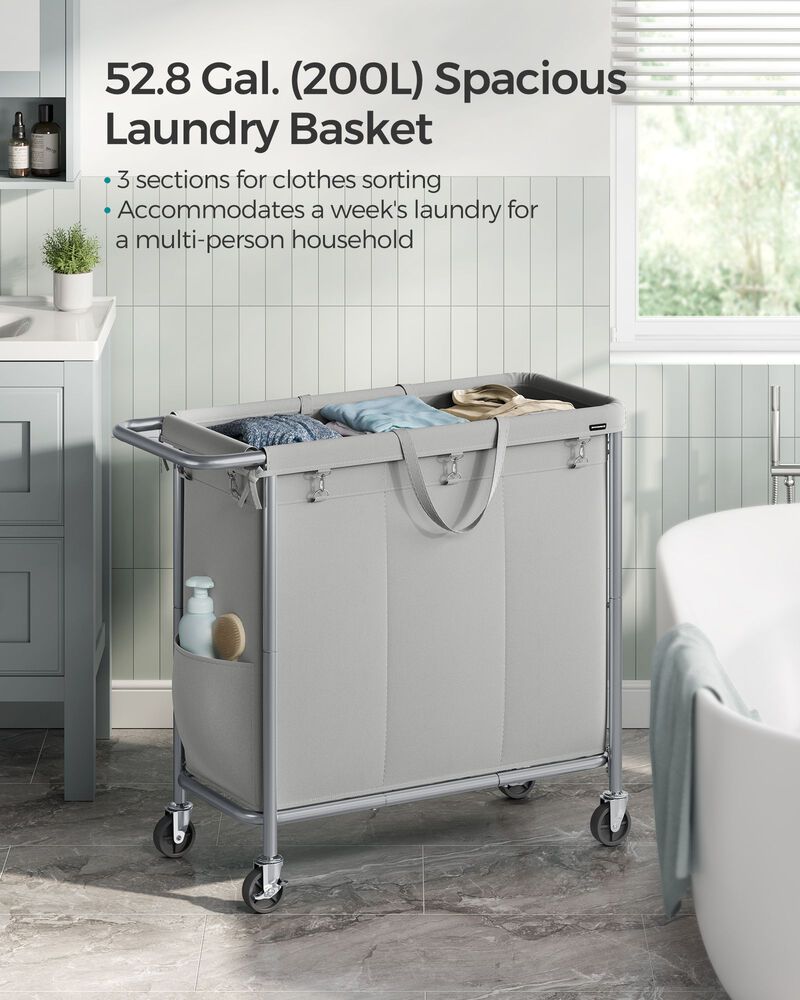200L Laundry Sorter Cart &ndash; 3-Compartment Rolling Hamper with Removable Liners and Frame
