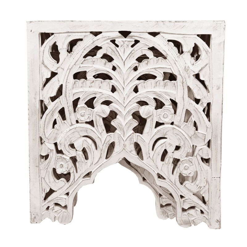 Wooden End Table with Floral Cut Out Design, Set of 2, Antique White-Benzara