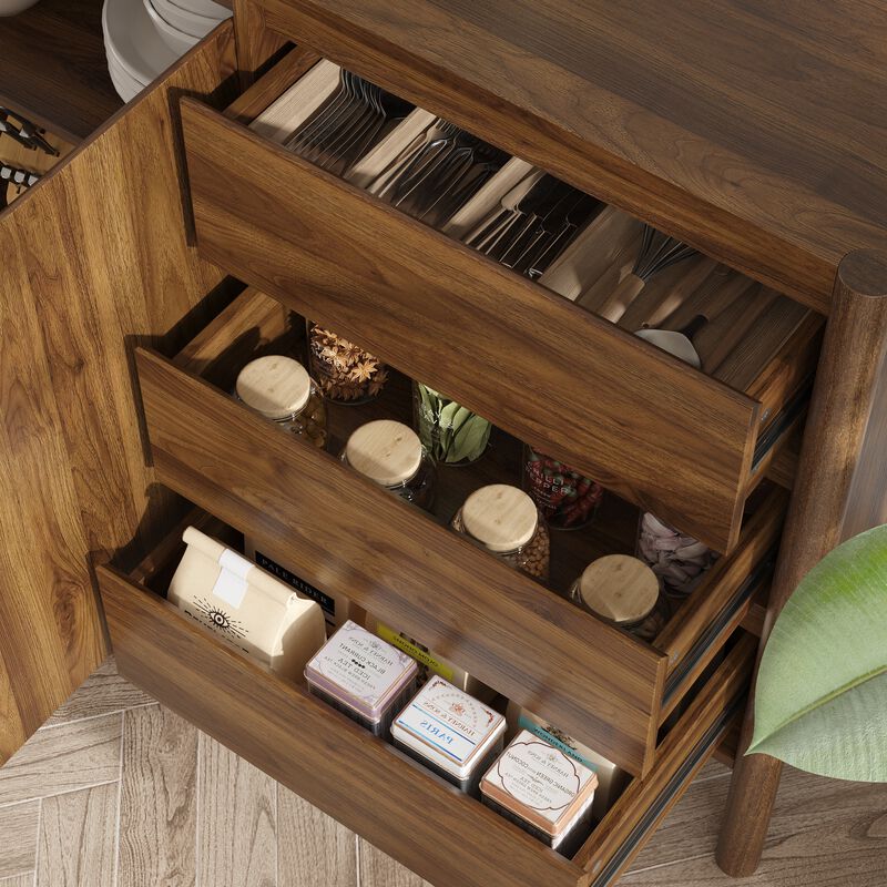 FUFU&GAGA Round Leg 2-Door 3-Drawer Cabinet with Painted Rubberwood Legs, 15mm Particleboard Construction, and Faux Thick Panel, (59"W x 16.5"D x 30.9"H) , Brown image number 7