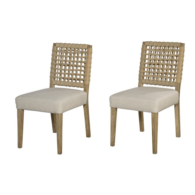 Trya Dining Side Chair Set of 2, Woven Backrest, White, Pine Wood