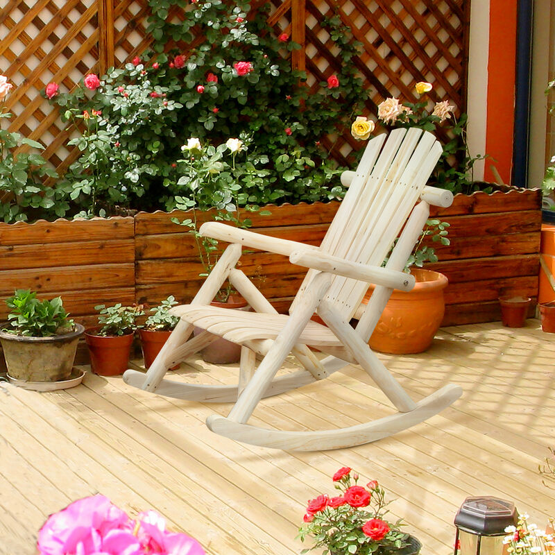 Outsunny Outdoor Wooden Rocking Chair, Single-person Rustic Adirondack Rocker with Slatted Seat, High Backrest, Armrests for Patio, Garden and Porch, Natural