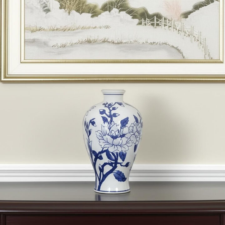 HomeRoots 10" Blue And White Floral Round Porcelain Table Vase