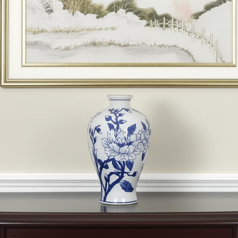 HomeRoots 10" Blue And White Floral Round Porcelain Table Vase image number 1