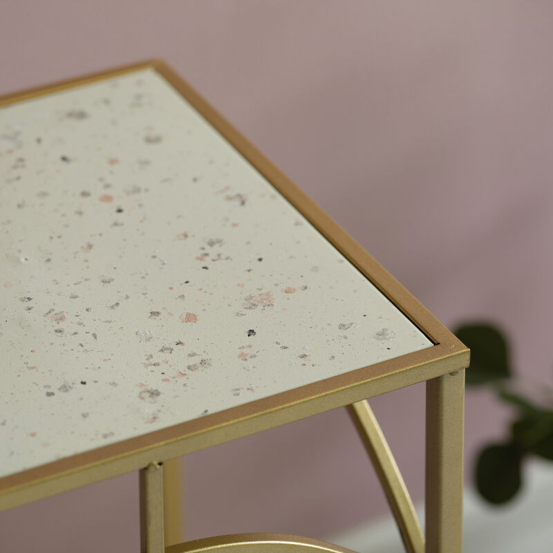 Decorative Gold Metal Square Plant Stand, Modern White Marble Look Top Display End Side Table, Set of 3