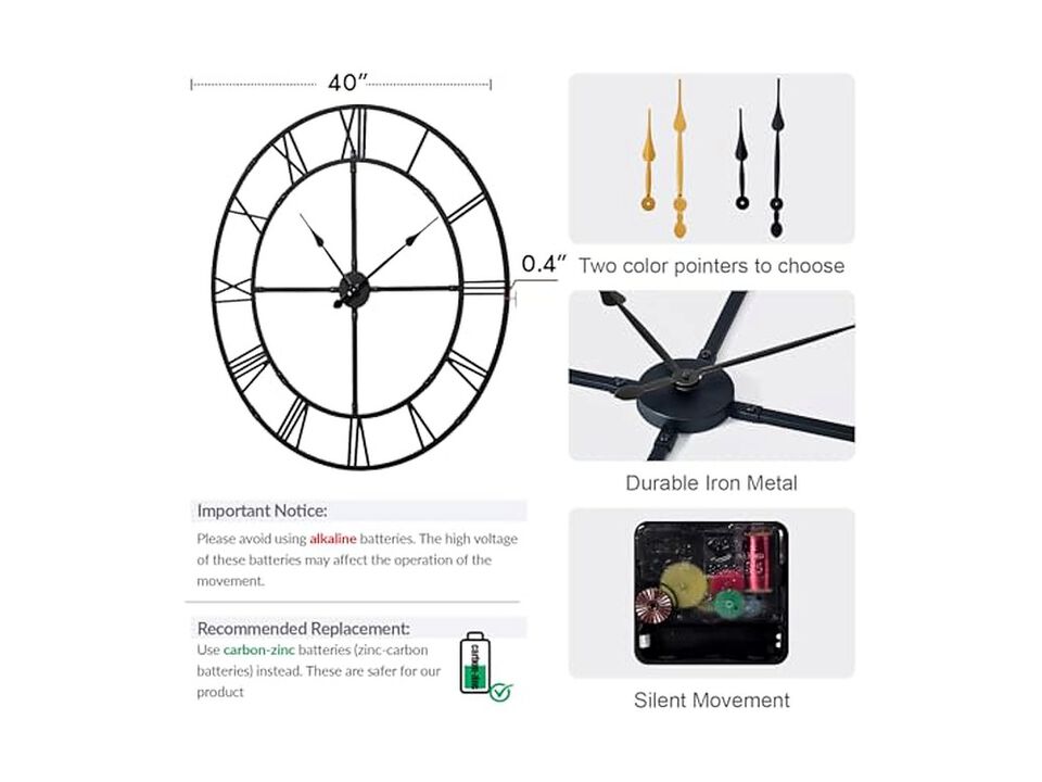 Assembly Farmhouse Metal Wall Clock 40 Inch Silent Non Ticking Living Room Decor