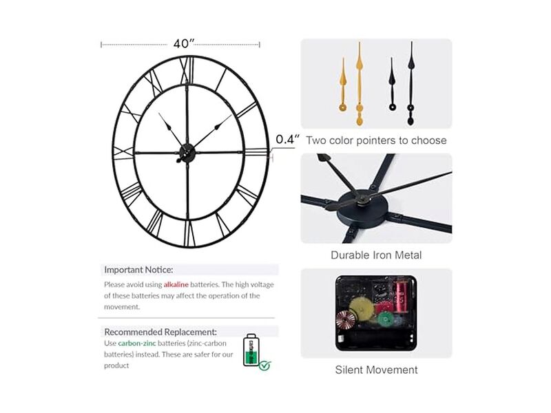 Assembly Farmhouse Metal Wall Clock 40 Inch Silent Non Ticking Living Room Decor image number 1
