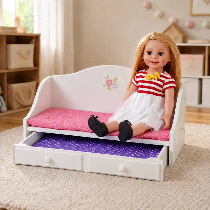 Olivia's Little World Doll Trundle Bed with Pink Bedding for 18" Dolls, White Doll Furniture, 2 interchangeable cushions (White and Polka Dot), Sliding Drawer image number 1