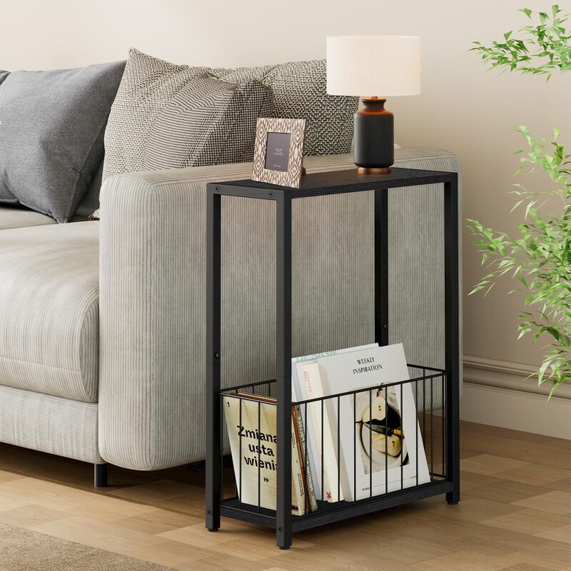 Homleke Narrow Side Table with Magazine Holder, Skinny End Table Perfect for Small Spaces, Space-Saving Design for Living Room,