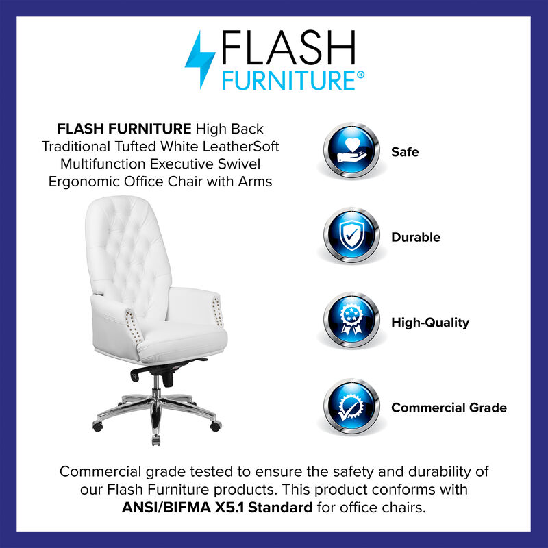 Hansel High Back Traditional Tufted White LeatherSoft Multifunction Executive Swivel Ergonomic Office Chair with Arms image number 9