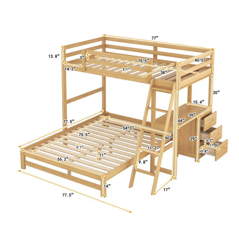 Whisen Morden Design Twin over Full Bunk Bed with Built-in Desk and Three Drawers