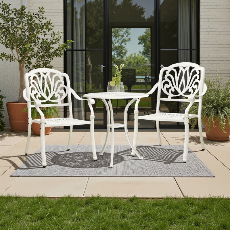 Kasa Outdoor 3pc Breakfast Bistro Set, 2 Chairs, 1 Table, White Metal - Benzara