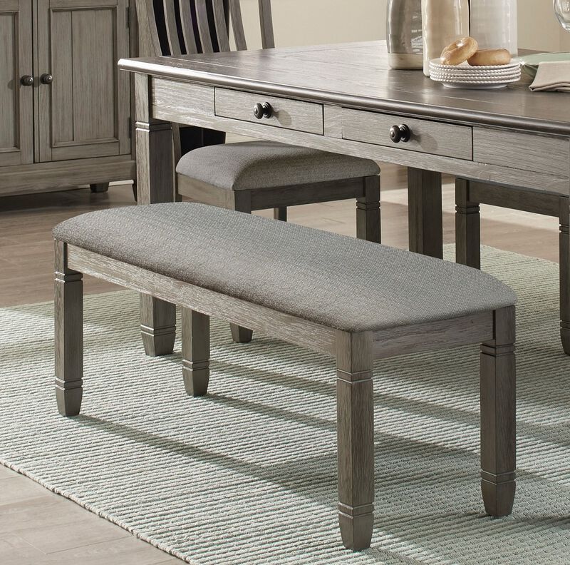 Wood Frame Dining Bench 1pc Antique Gray Finish Frame With Neutral Tone Gray Fabric Seat