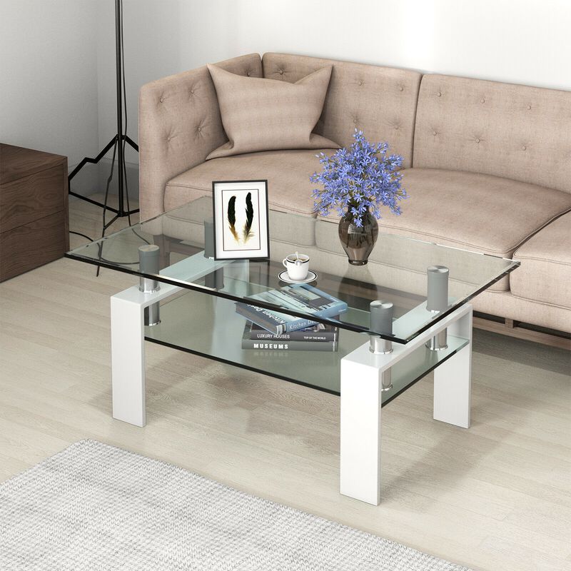 Rectangle Glass Coffee Table with Metal Legs for Living Room-White