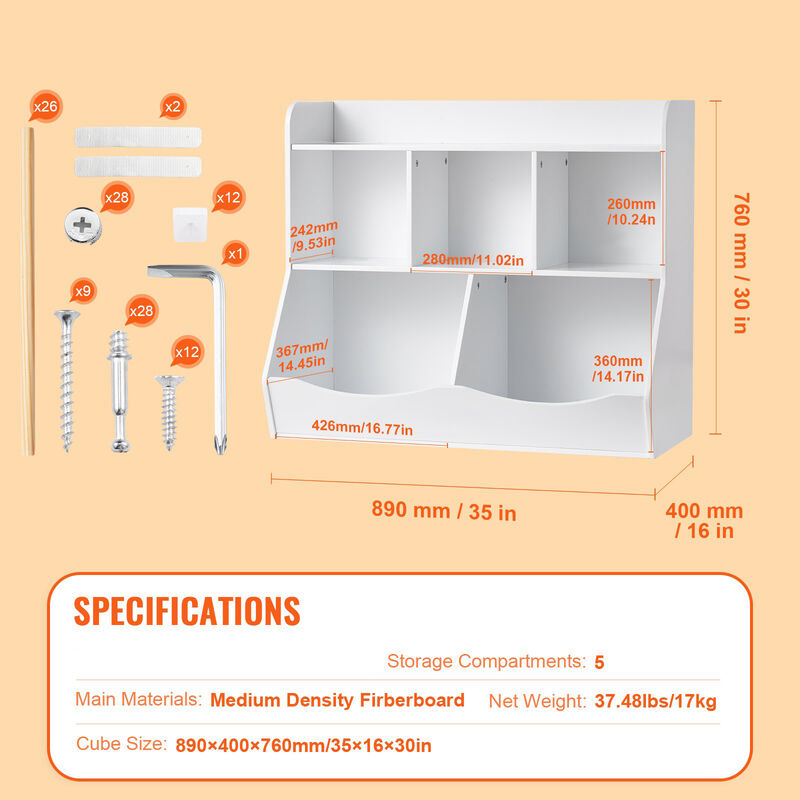 Wood Kid Storage Cubby with 5 Compartments Bookshelf Toy Organizer for Kids Room
