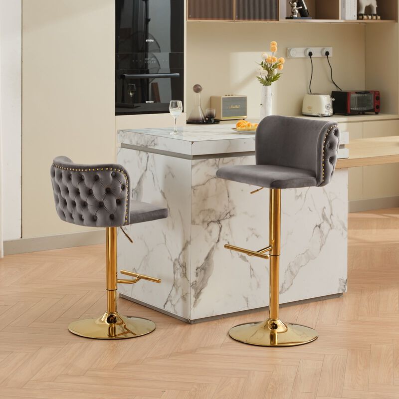 Clihome Swivel Barstools Adjusatble Seat Height With Gold-plating Base, Classic Velvet Upholstered Bar Stools with the whole Back Tufted, for Home