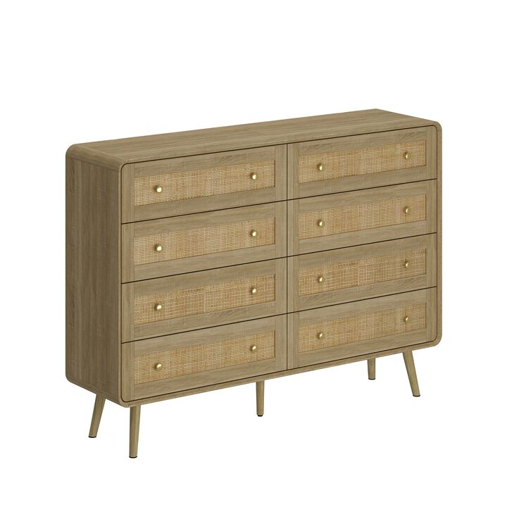 FUFU&GAGA Modern Rattan Dresser with 8 Drawers, PB Board with Gold Accents (55.1" W x 40" H x 13.9" D), Oak
