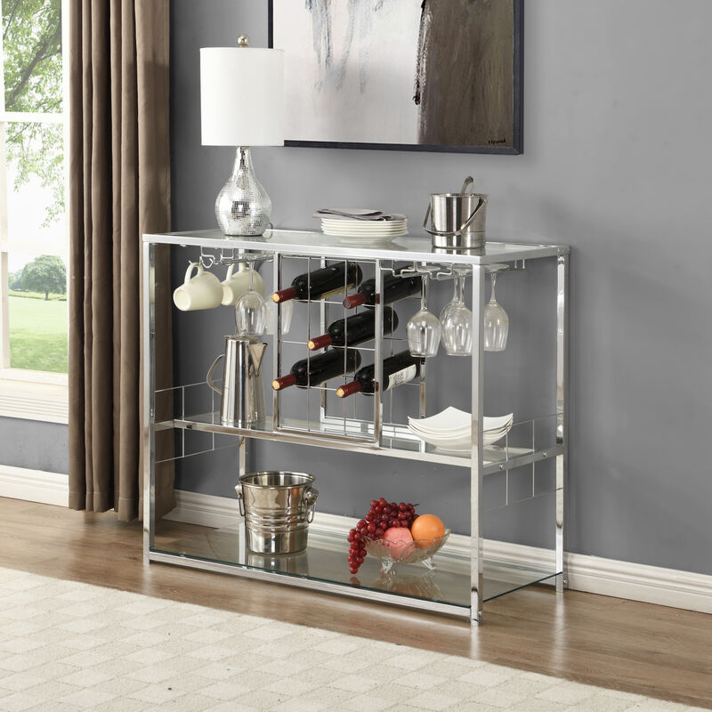 Bar Cart Kitchen Bar Serving Cart for Home with Glass Holder and Wine Rack, 3-Tier Kitchen Trolley with Tempered Glass Shelves and Chrome-Finished