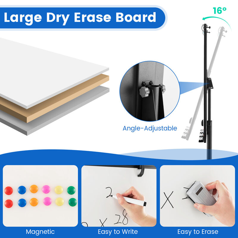 Adjustable Height Mobile Whiteboard with Round Stand and Paper Clip Holder