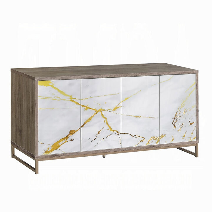 Avia Sideboard Console Cabinet, White Marble Look 4 Door Brown 65 Inch