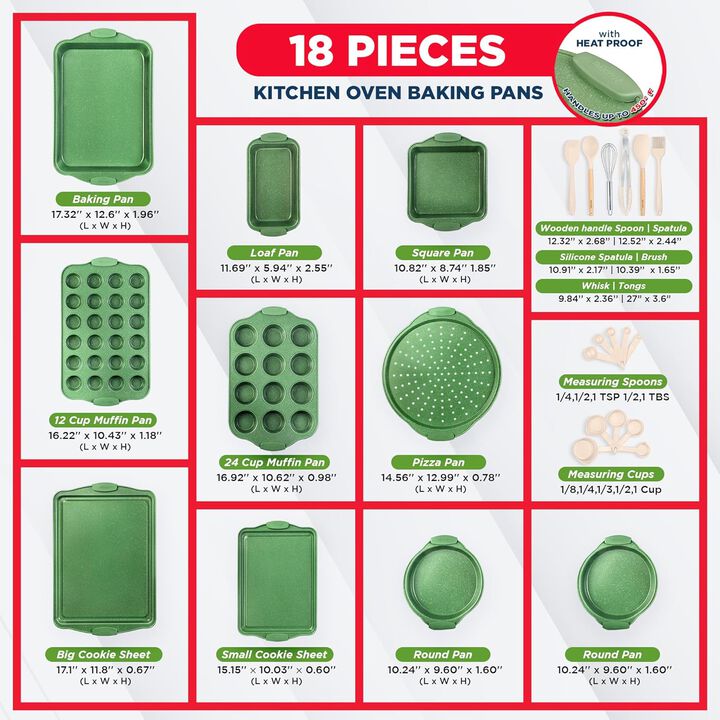 BAKKEN Kitchen Baking Pan Set - Nonstick Coating, Carbon Steel Bakeware Sets with Handles, Baking Kitchen Essentials, PFOA, PFOS, PTFE Free, Oven Safe Tray (Up To 450° F), Set of 18