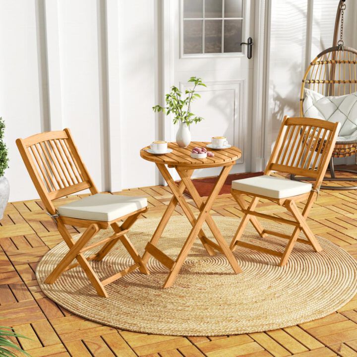 Hivvago 3 Pieces Acacia Wood Patio Folding Bistro Set with Soft Cushions