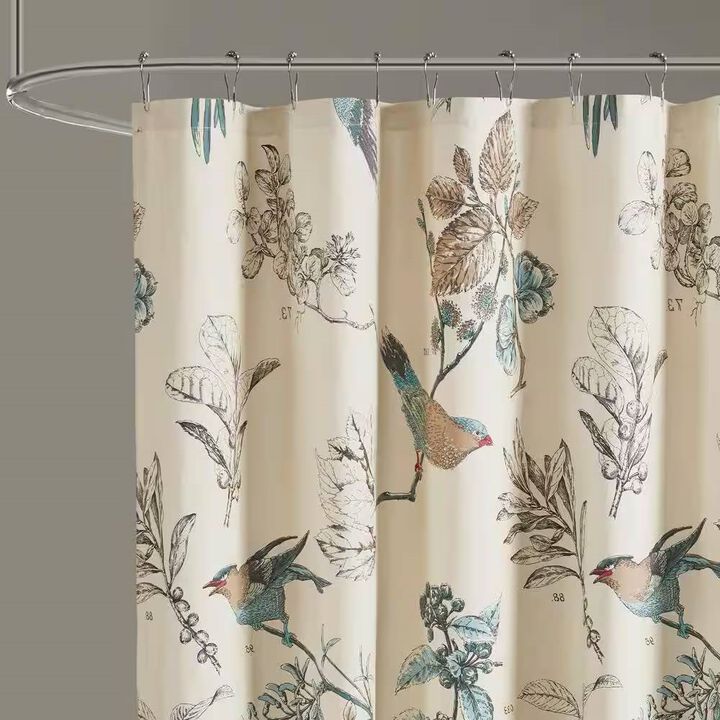 Nature-Inspired Cotton Shower Curtain – Vintage Birds & Leaves Pattern, Eco-Friendly Fabric