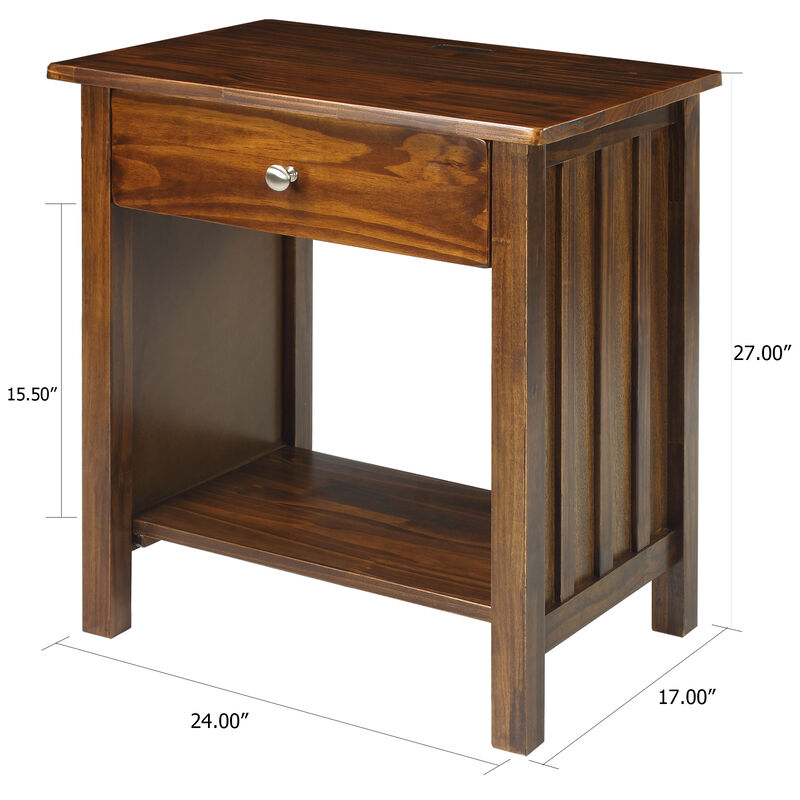Casual Home Vanderbilt Nightstand with USB Ports-Warm Brown, 24"L x 17"W x 27"H