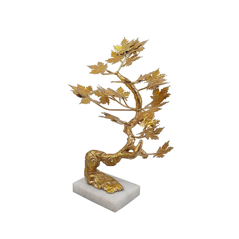 17 Inch Maple Tree Accent Decor with Leaves, Metal on a Marble Base, Gold-Benzara