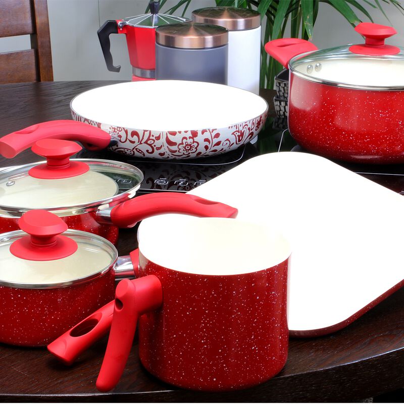Oster Cocina San Jacinto Aluminum Cookware Set in Red Speckled Finish, Set of 9
