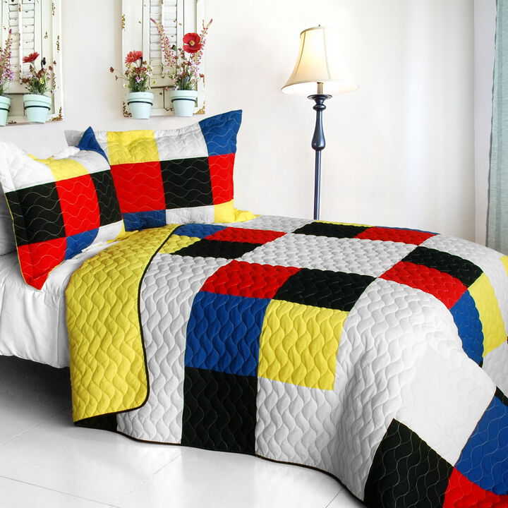 Queen Size Reversible 3 Piece Quilt Set with Vermicelli Stitch and Soft Fabric-White