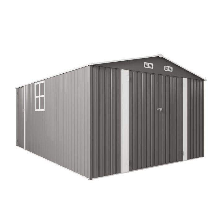 10x14 FT Outdoor Metal Storage Shed with Three Lockable Doors and Clear Window