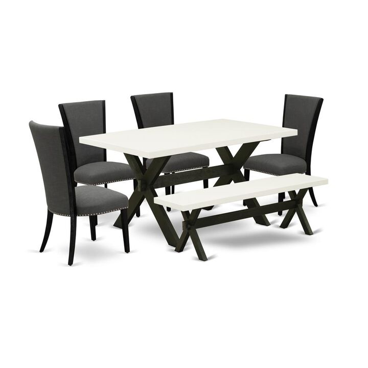 East West Furniture 6 Piece Kitchen Table Set - 4 Dark Gotham Grey Linen Fabric Chairs for Dining Room with Nailheads and Linen White Wooden Dining Table - 1 Modern Bench - Black Finish
