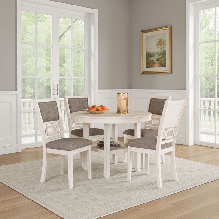 Berg 5pc Round Dining Table Set, Gray White Wood, 4 Padded Chairs