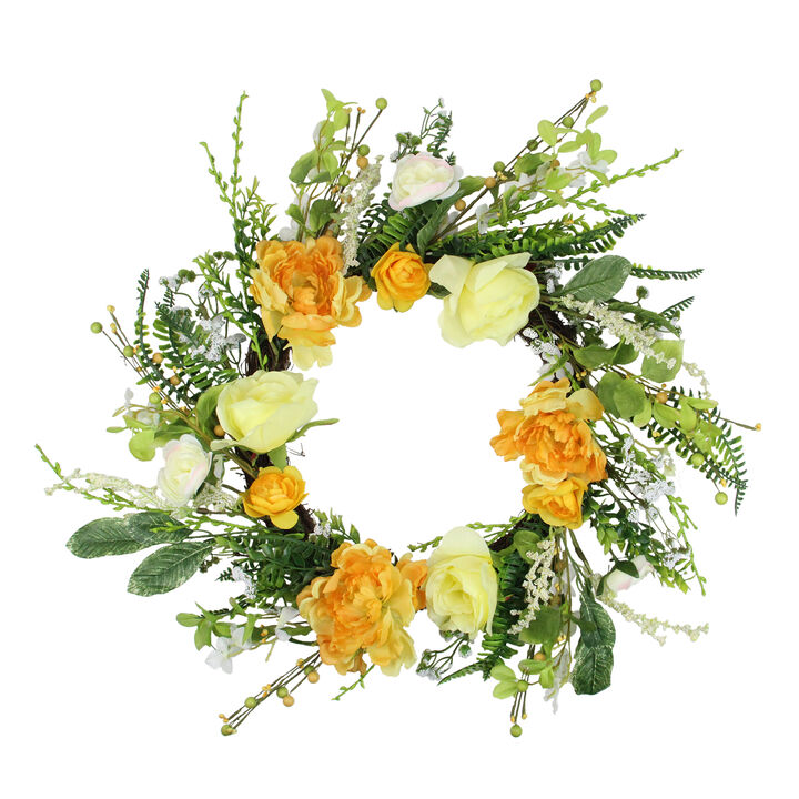 Hydrangea and Rose Artificial Floral Wreath  Yellow 24-Inch