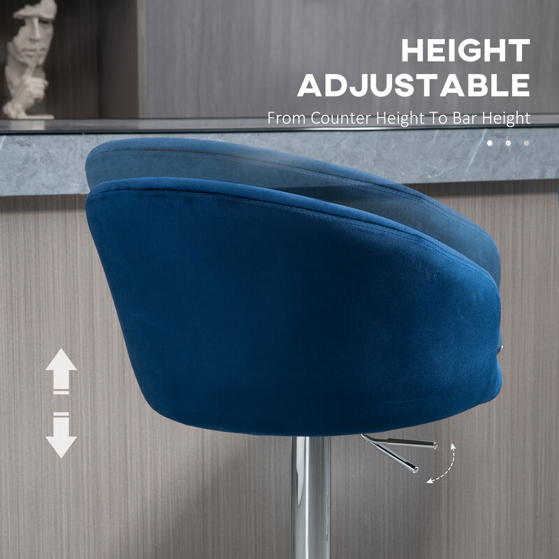 HOMCOM Adjustable Bar Stools Set of 2, Modern Counter Height Barstools, Velvet Fabric Upholstered Kitchen Stools with Swivel Seat, Steel Frame, Footrest, Blue