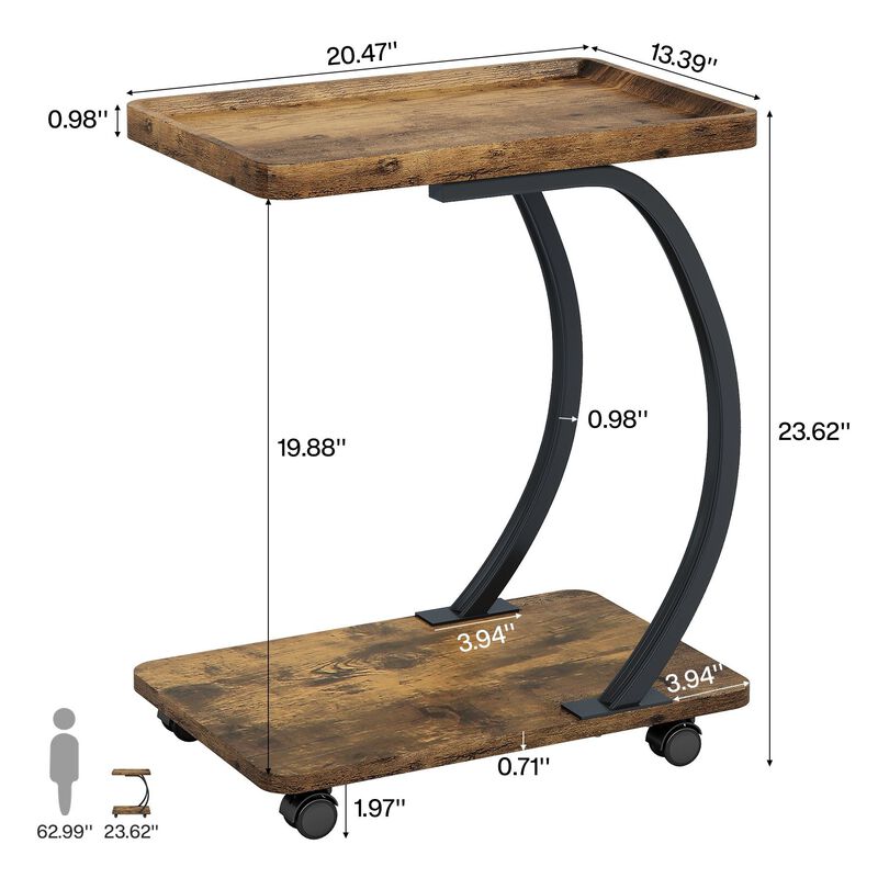 2-Tier C-Shaped End Table, Side Table with Wheels-Rustic Brown image number 2