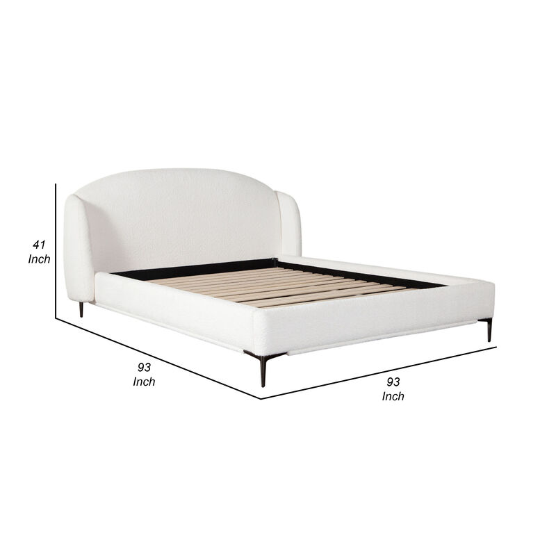 Peli King Size Bed, Low Profile Curved Back Ivory Faux Shearling Upholstery