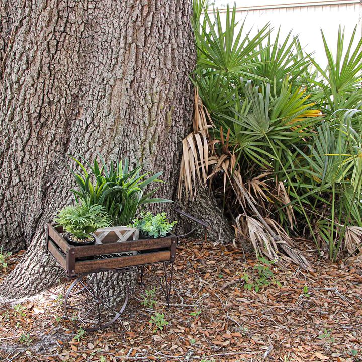 24 Inch Brown Wood & Metal Wagon Planter Indoor Outdoor Rustic Plant Stand
