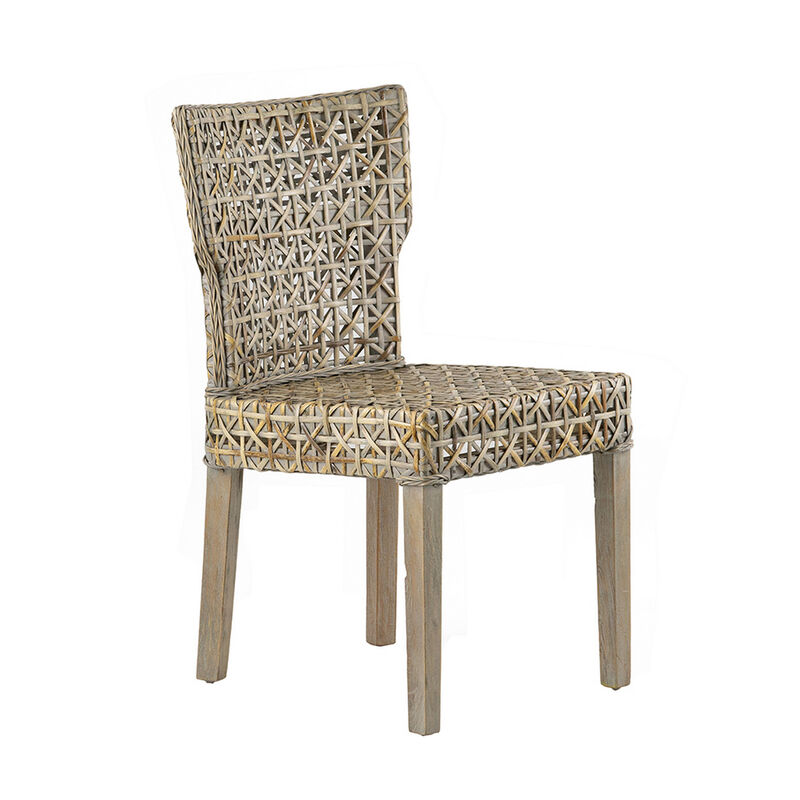 22 Inch Side Dining Chair, Woven Rattan Backrest and Seat, Weathered Gray - Benzara