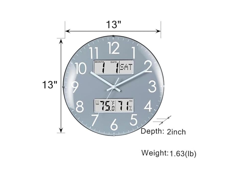 Calendar Temperature Humidity Grey Wall Clock Silent Gray Home Decor