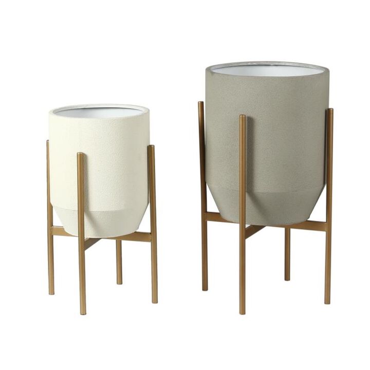 LuxenHome Set of 2 Gray and Off White Round Metal Cachepot Planters with Gold Stand